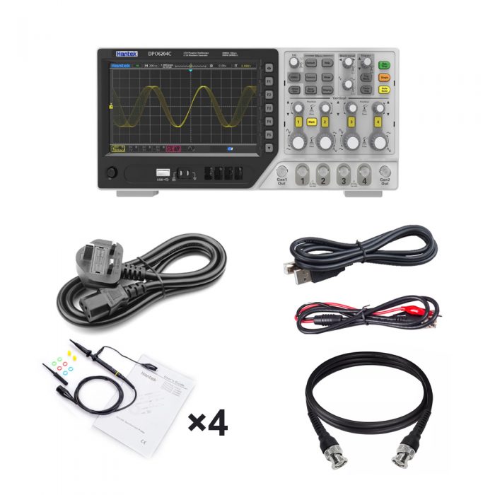 Hantek DPO6204C 200MHz 4CH Digital Fluorescent Oscilloscope + 2CH Signal Source UK Plug