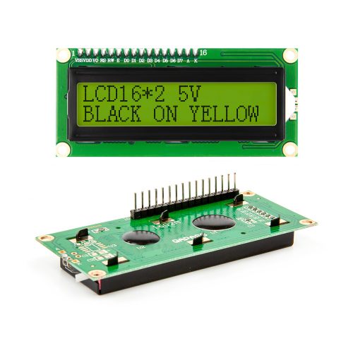 LCD1602A 5V LCD 16x2 Character Display Module, AIP31066L, Black on Yellow Background, Soldered with Pin Head