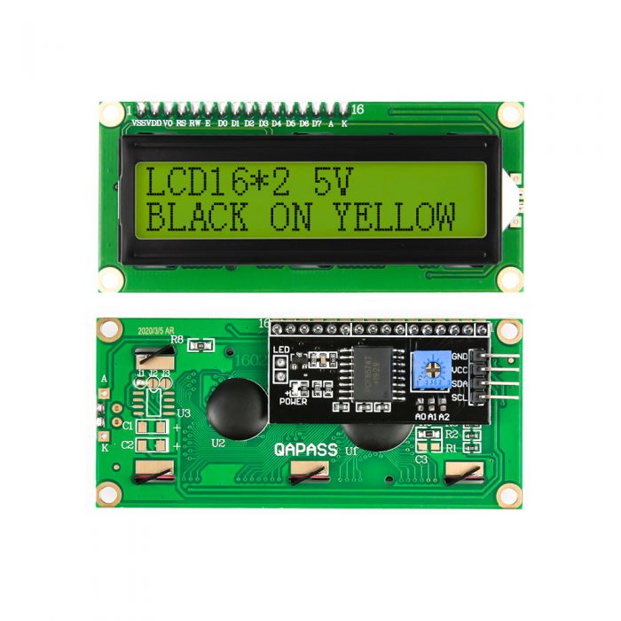 LCD1602A 5V LCD 16x2 Character Display Module, AIP31066L, Black on Yellow Background, I2C