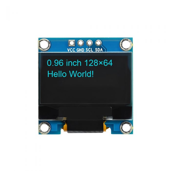 0.96 Inch Blue OLED Display Module, 128*64, SSD1306, 4Pin, IIC/I2C, VCC-GND-SCL-SDA, 27.5mm*27.8mm