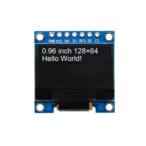 0.96 Inch White OLED Display Module, 128*64, SSD1306, 7Pin, SPI, GND-VCC-SCL-SDA-RES-DC-CS, 27.5mm*27.8mm
