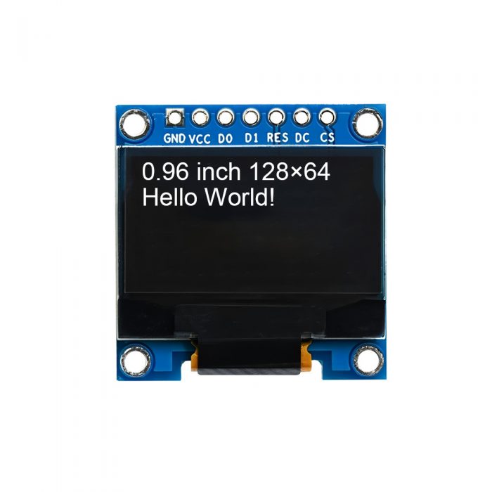0.96 Inch White OLED Display Module, 128*64, SSD1306, 7Pin, SPI, GND-VCC-SCL-SDA-RES-DC-CS, 27.5mm*27.8mm