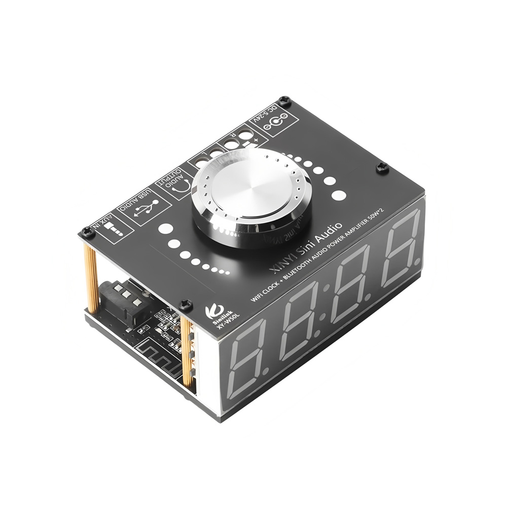 XY-W50L DC5-24V 2*50W Dual Channel 360° Stepless Tone Adjustment Bluetooth 5.0 Audio Power Amplifier Board with WIFI Time Synchronization Clock, Green Font Color