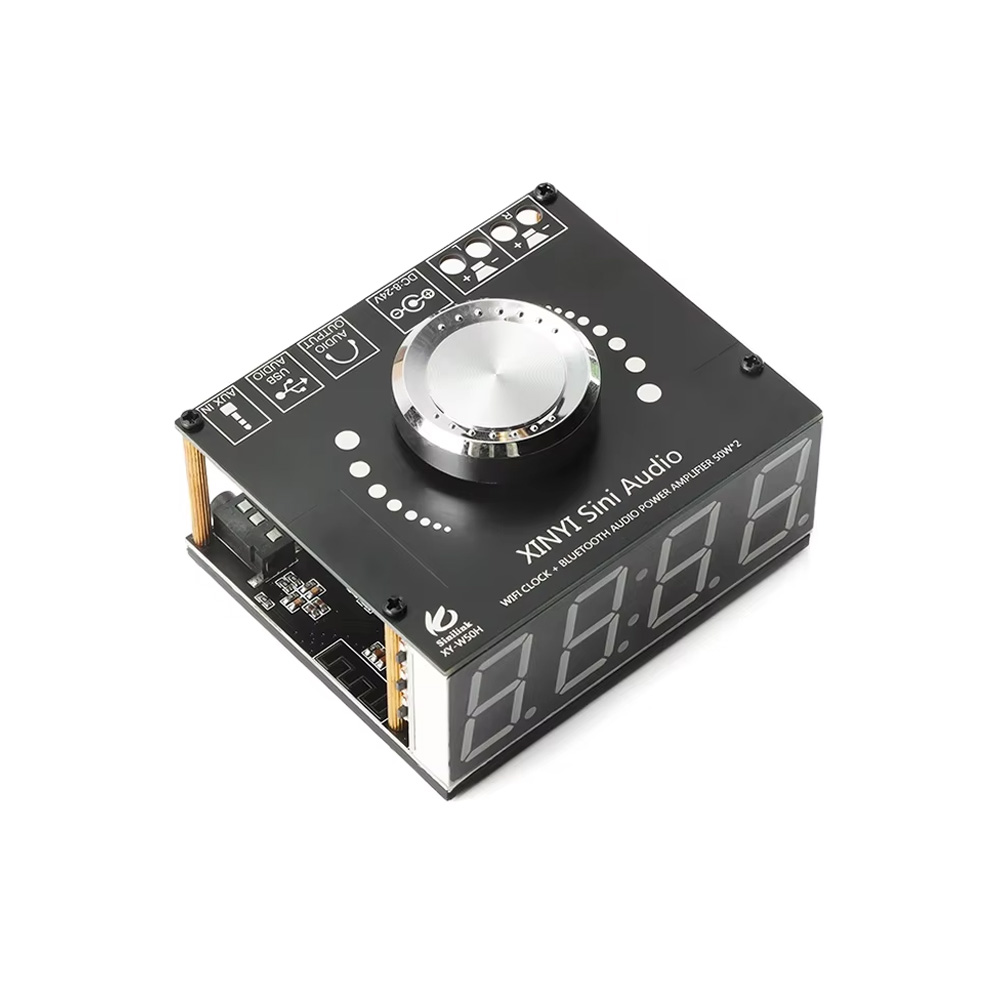 XY-W50H TPA3116D2 DC5-24V 2*50W Dual Channel 360° Stepless Tone Adjustment Bluetooth 5.0 Audio Power Amplifier Board with WIFI Time Synchronization Clock, Green Font Color