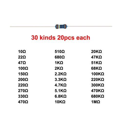 600pcs Metal Film Resistor Set, 0.25W ±1%, 30 Kinds of Value and Each 20pcs, Resealable Bag Packaging