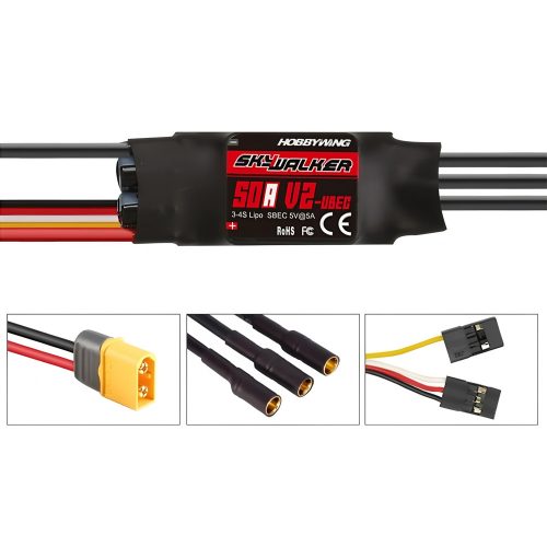 HOBBYWING SKYWALKER 50A V2 ESC Speed Controller, Soldered with XT60 & 3.5mm Banana Plug