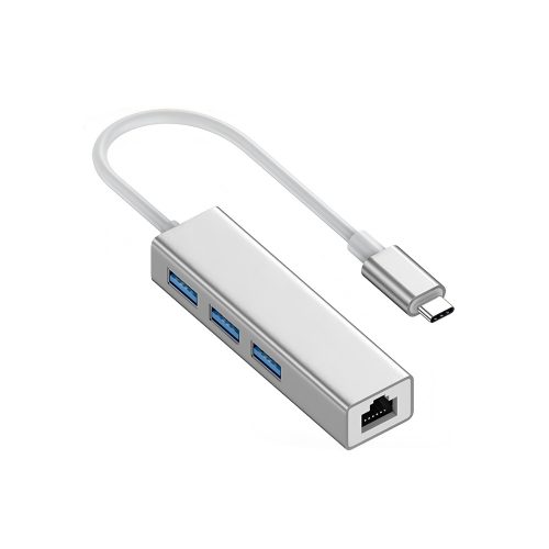 3-Port USB 3.0 Hub with Type C to RJ45 Gigabit Ethernet Adapter, Silver