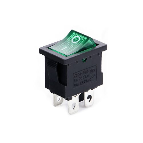 KCD1 On-Off Green Illuminated Rocker Switch, Snap-in, 4 Pin, 250V/6A, 21x15mm