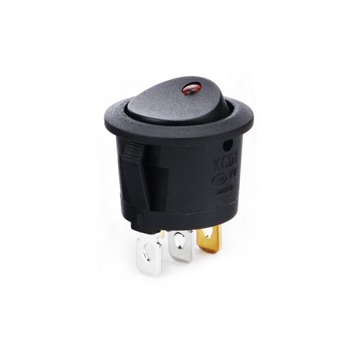 KCD1 On-Off Red Illuminated Round Rocker Switch, Snap-in, 3 Pin, 250V/6A, Cutout Diameter: 20mm, Black